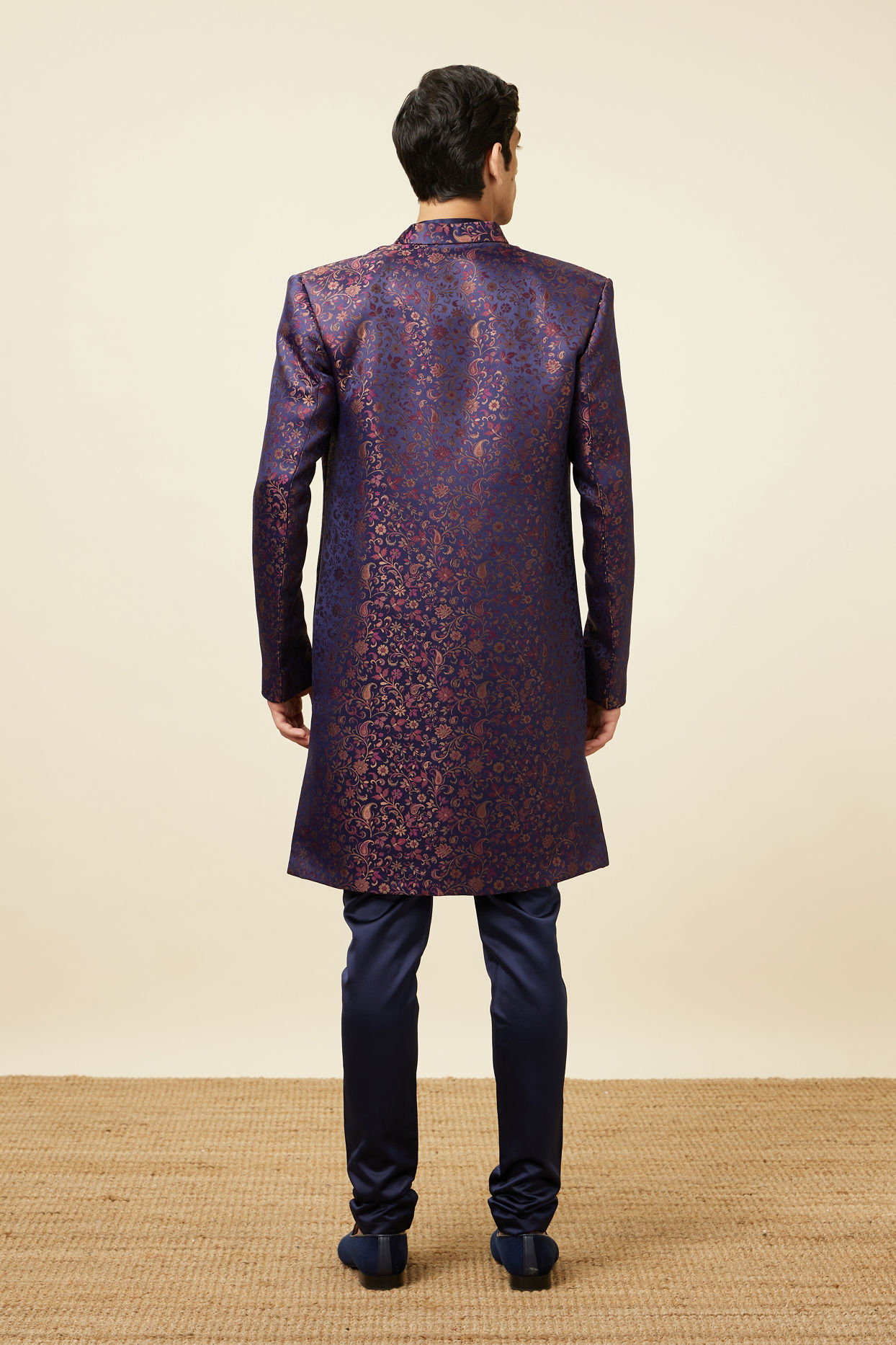 Manyavar Men Royal Blue Bel Buti Patterned Indo Western Set