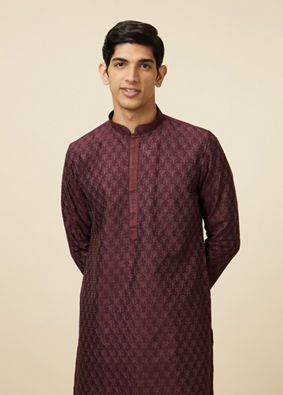 alt message - Manyavar Men Windsor Wine Kurta Set with Ogee Floral Prints