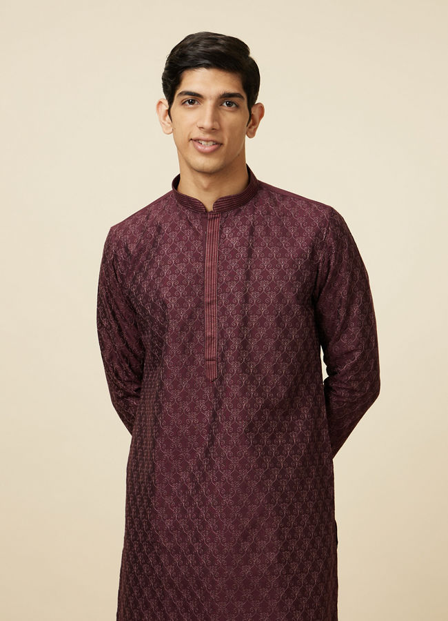 alt message - Manyavar Men Windsor Wine Kurta Set with Ogee Floral Prints image number 0