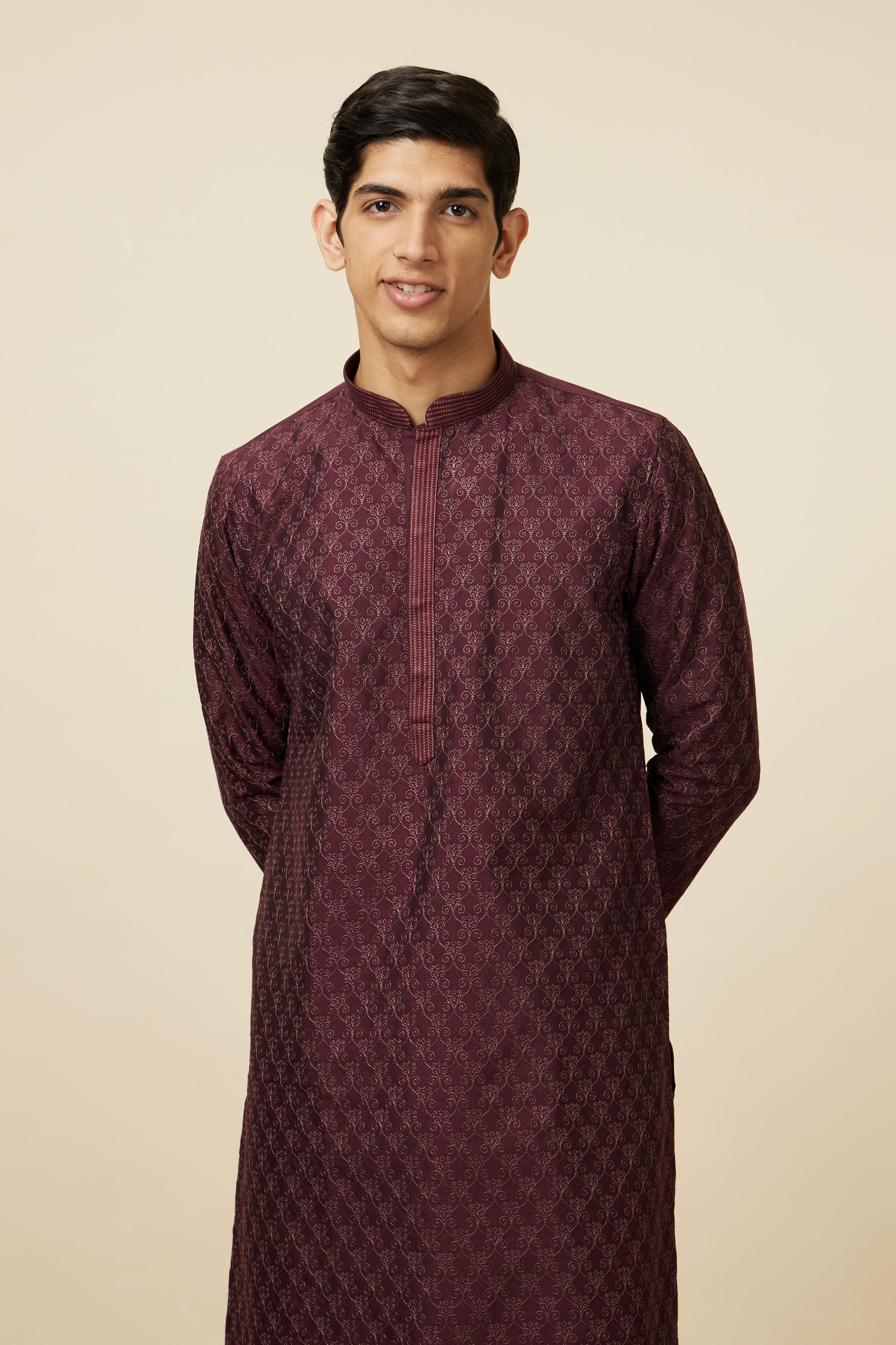 Manyavar Men Windsor Wine Kurta Set with Ogee Floral Prints