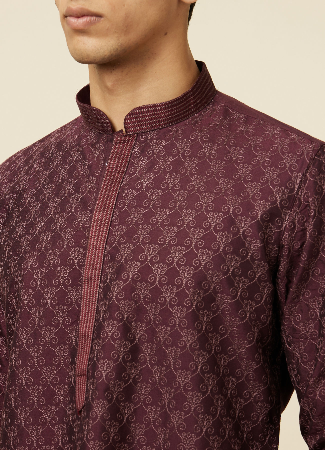 Manyavar Men Windsor Wine Kurta Set with Ogee Floral Prints