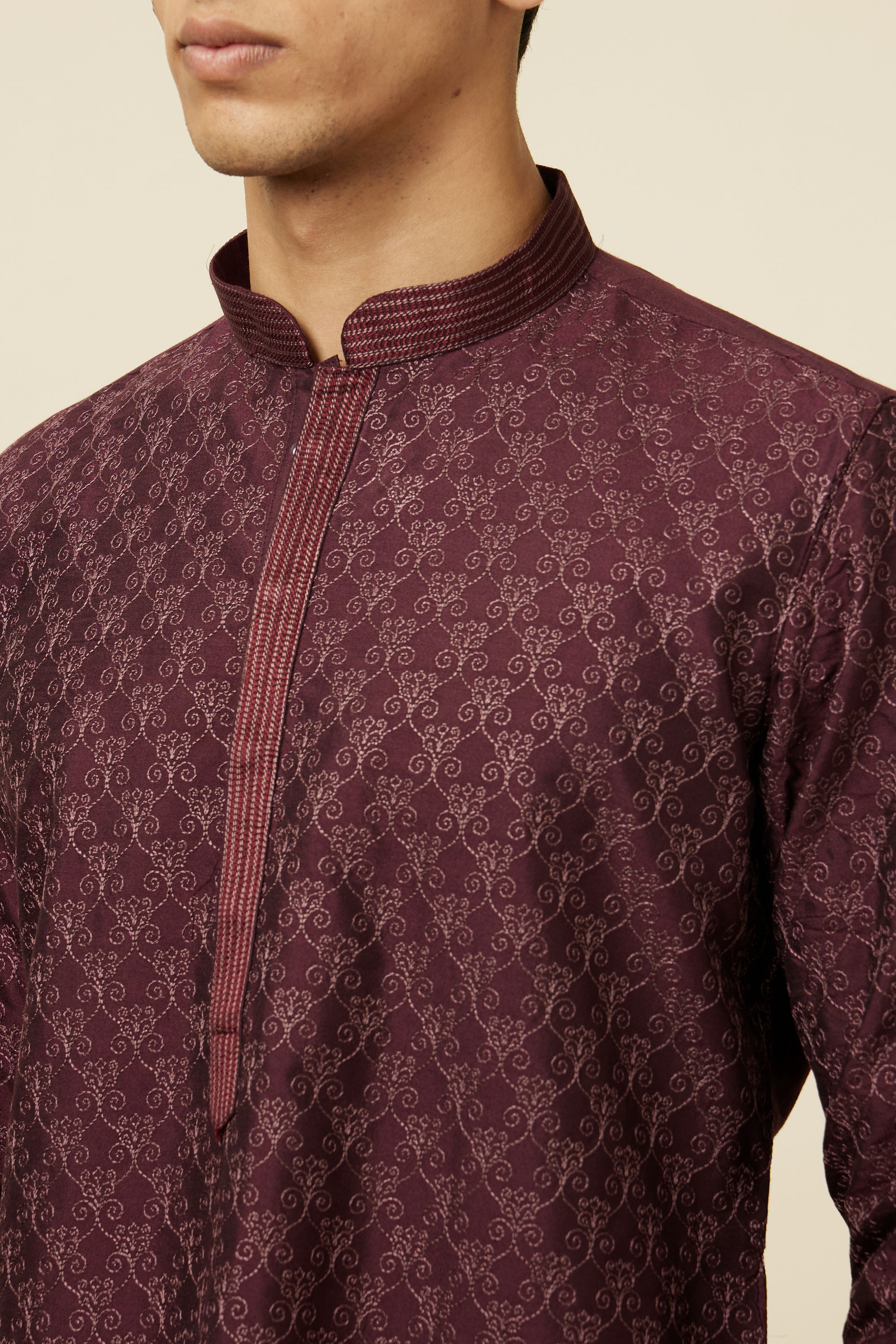 Manyavar Men Windsor Wine Kurta Set with Ogee Floral Prints