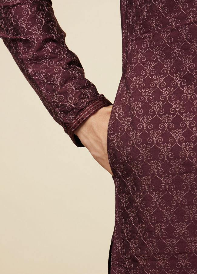 Manyavar Men Windsor Wine Kurta Set with Ogee Floral Prints