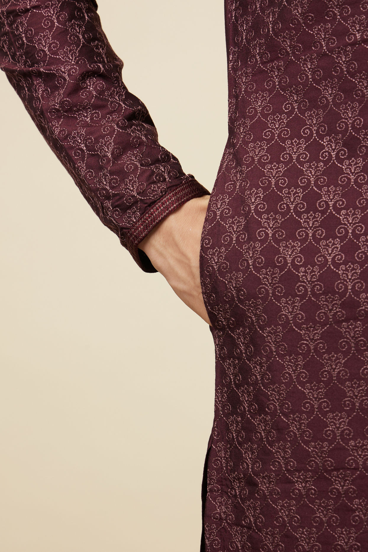 Manyavar Men Windsor Wine Kurta Set with Ogee Floral Prints