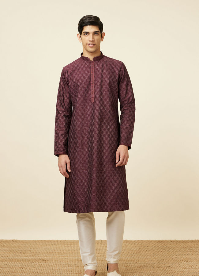 Manyavar Men Windsor Wine Kurta Set with Ogee Floral Prints