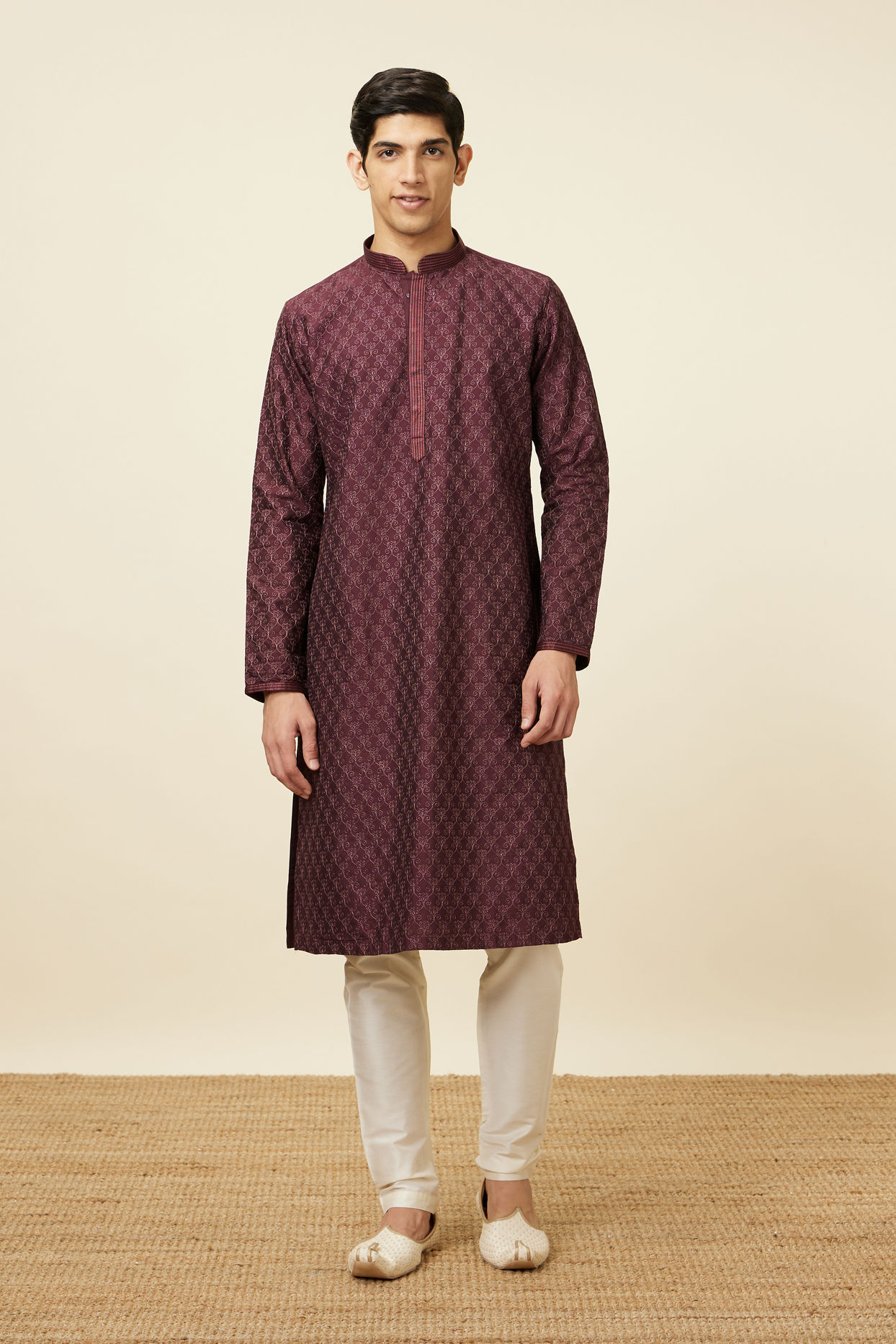 Manyavar Men Windsor Wine Kurta Set with Ogee Floral Prints
