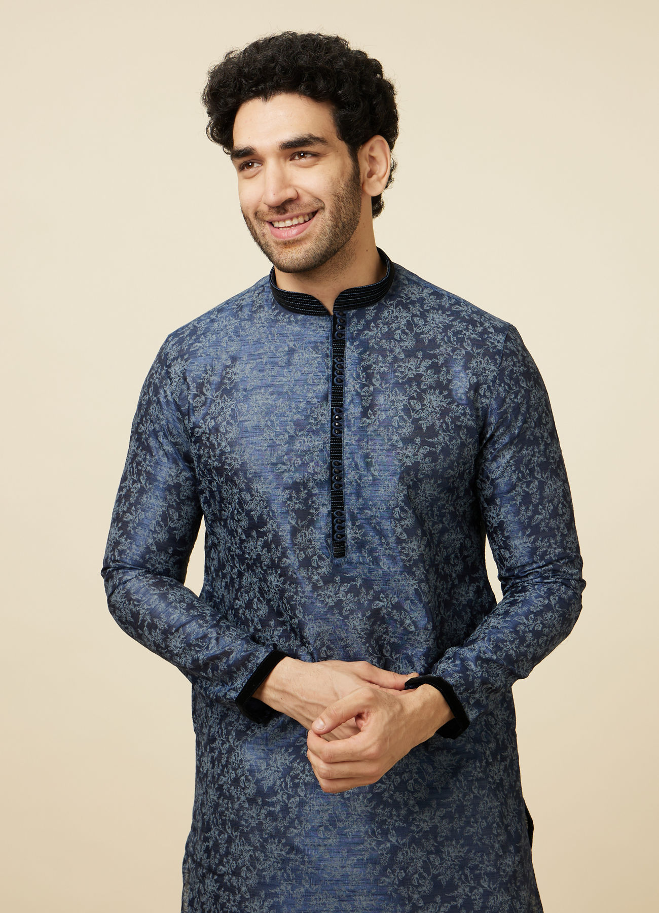 Manyavar Men Navy Blue Bel Buti Printed Kurta Set