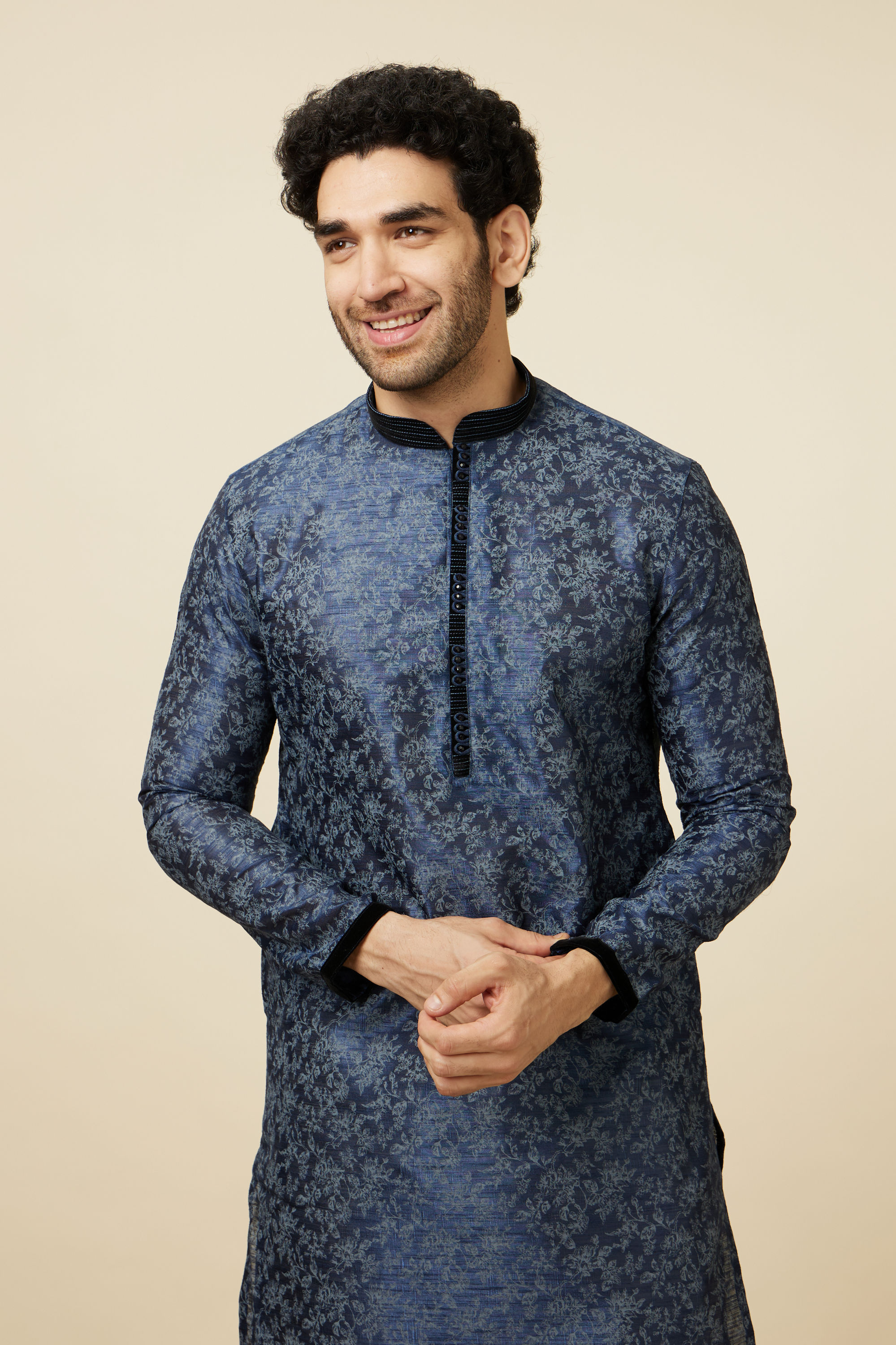 Manyavar Men Navy Blue Bel Buti Printed Kurta Set