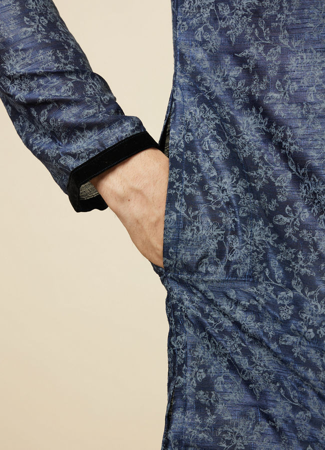 Manyavar Men Navy Blue Bel Buti Printed Kurta Set