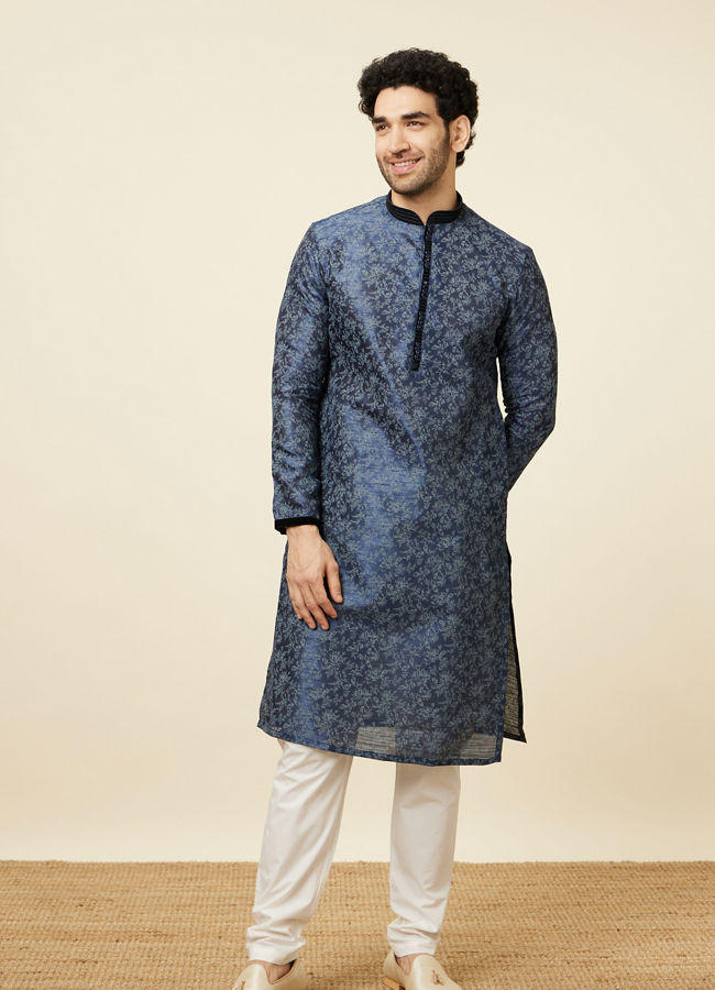 Manyavar Men Navy Blue Bel Buti Printed Kurta Set