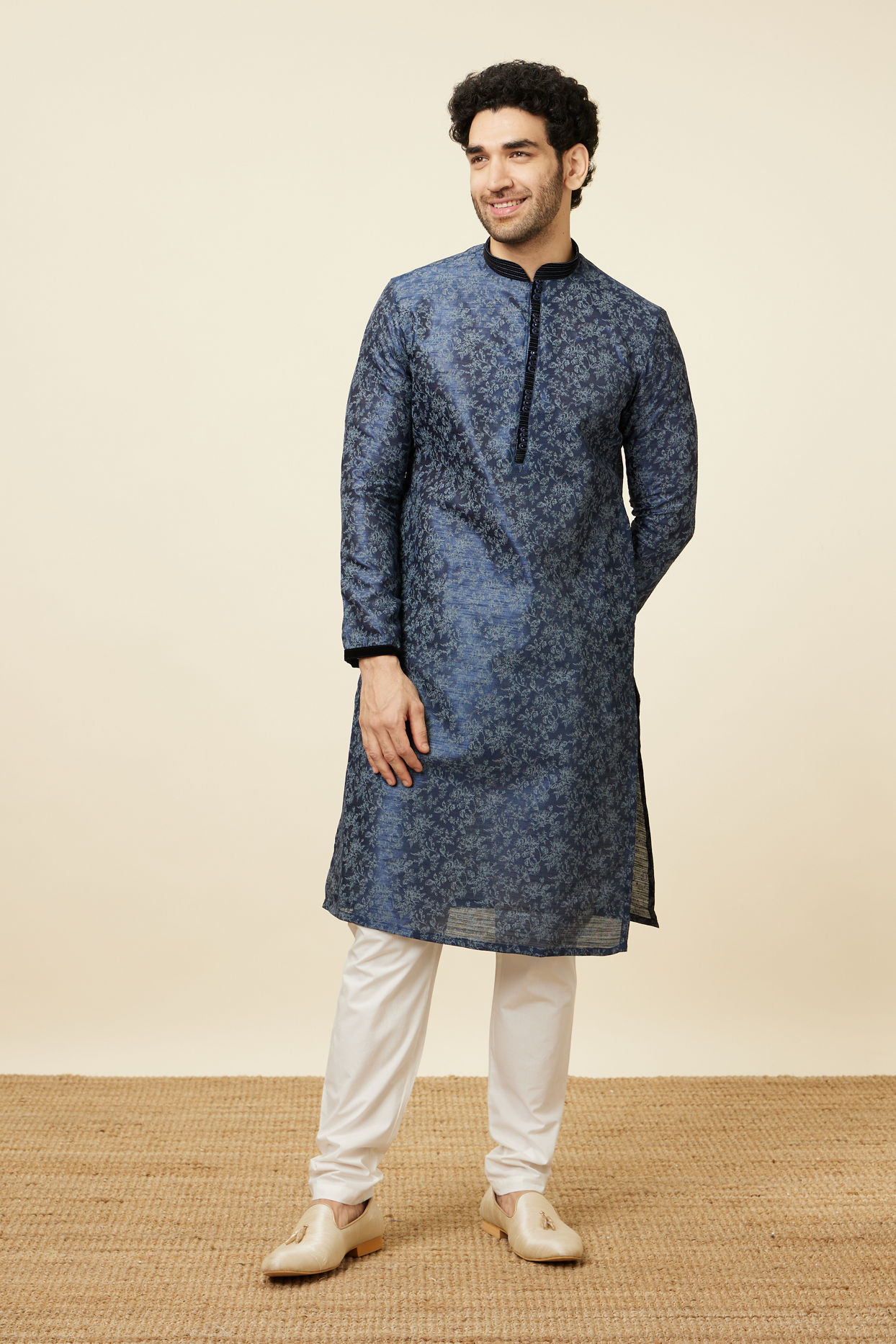 Manyavar Men Navy Blue Bel Buti Printed Kurta Set