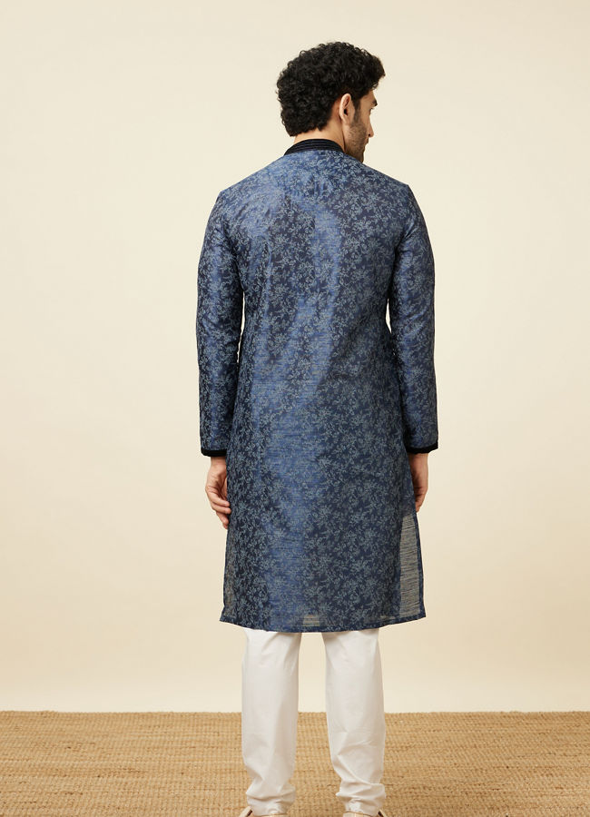 Manyavar Men Navy Blue Bel Buti Printed Kurta Set