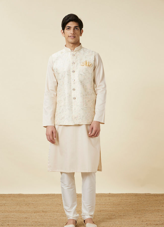 Manyavar Men Cannoli Cream Bel Buti Patterned Jacket