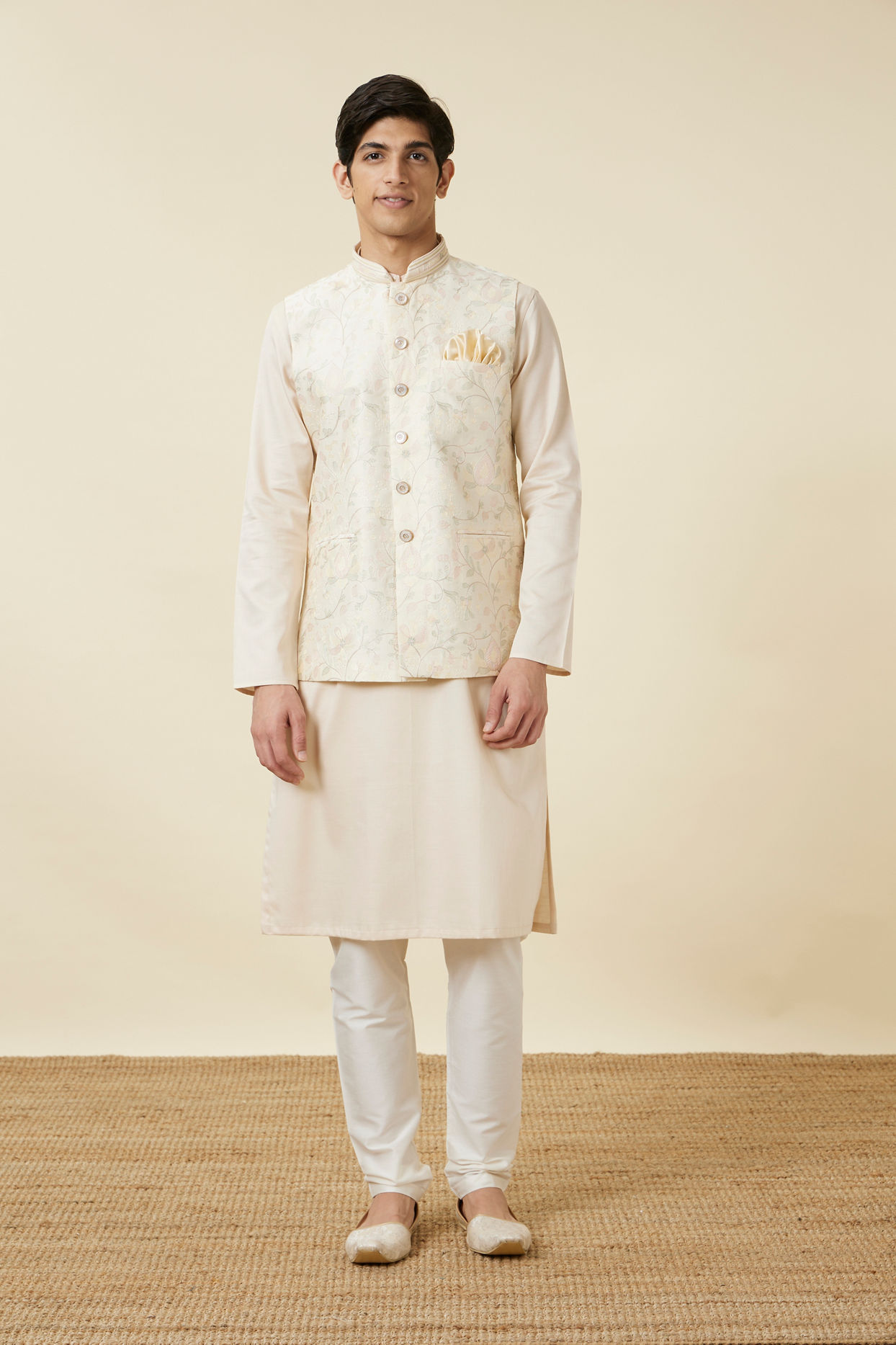 Manyavar Men Cannoli Cream Bel Buti Patterned Jacket