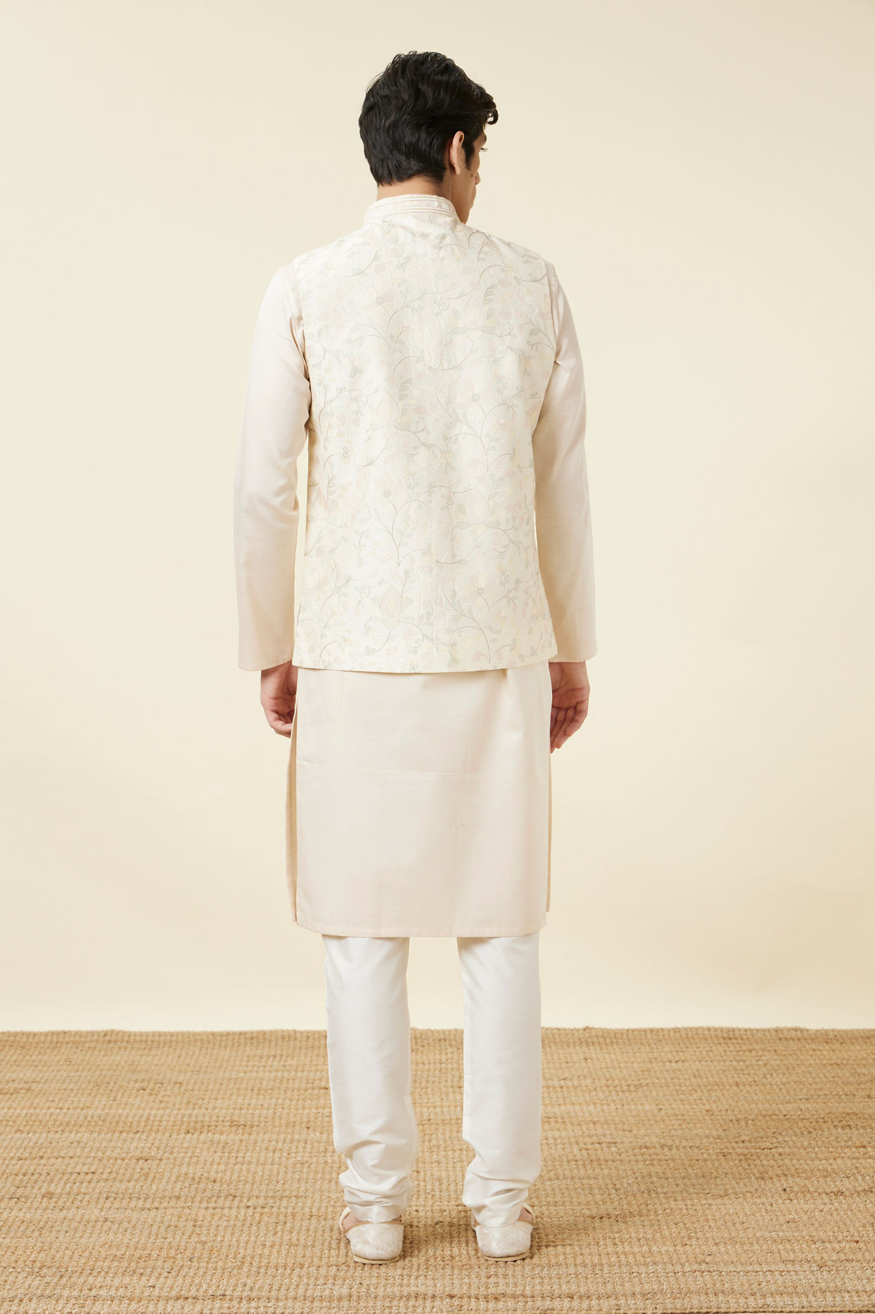 Manyavar Men Cannoli Cream Bel Buti Patterned Jacket