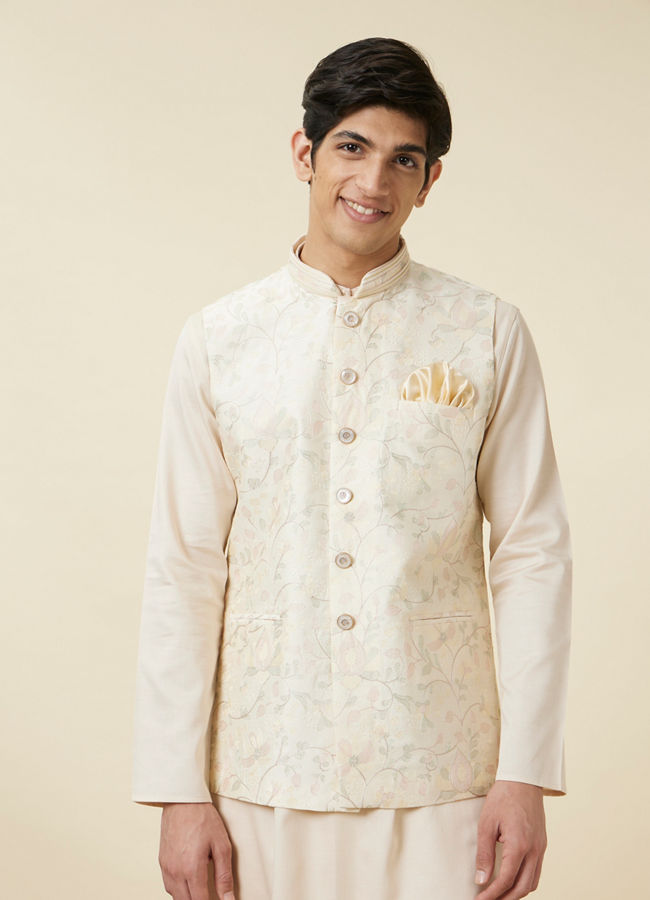 Manyavar Men Cannoli Cream Bel Buti Patterned Jacket