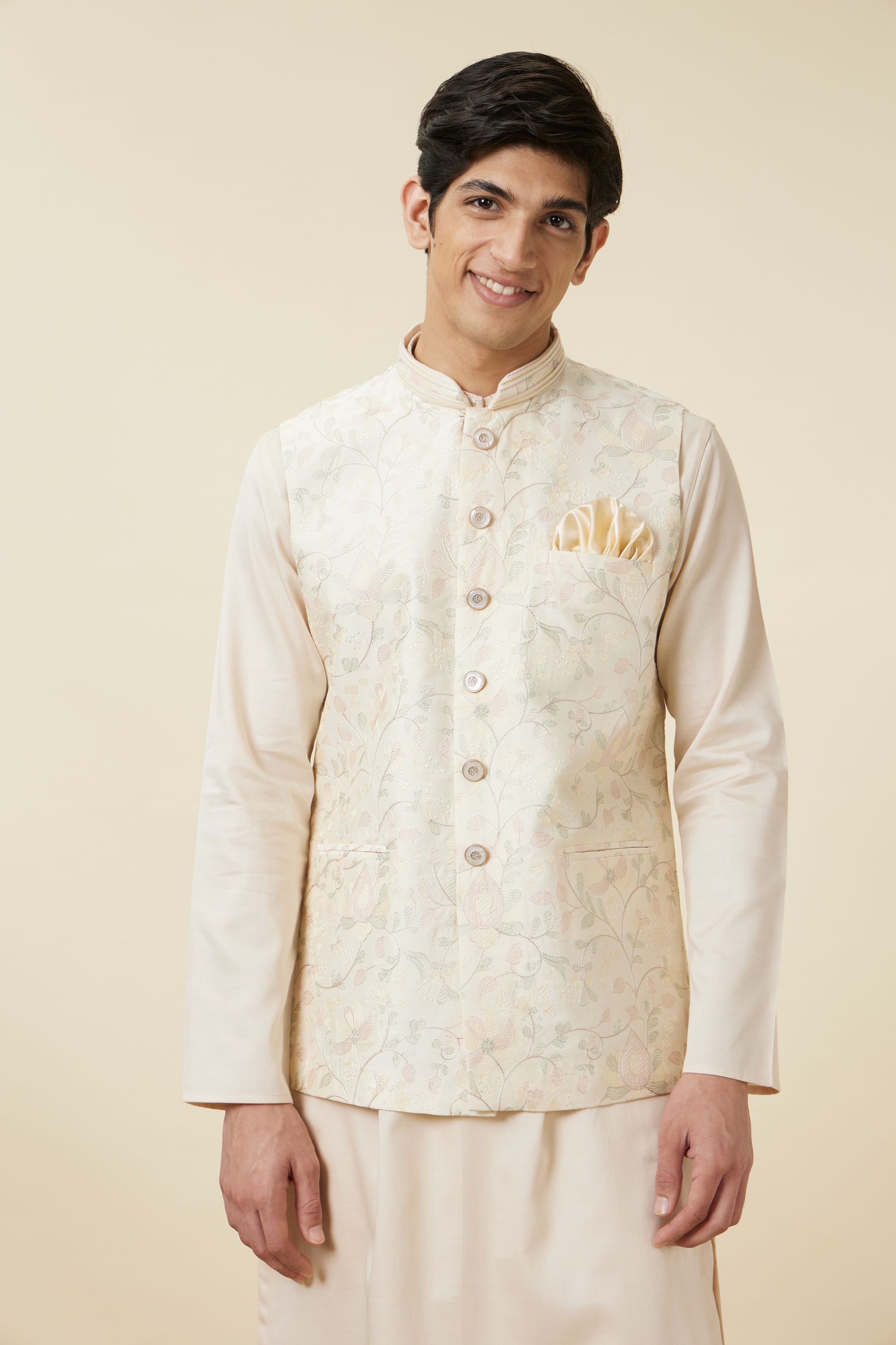 Manyavar Men Cannoli Cream Bel Buti Patterned Jacket