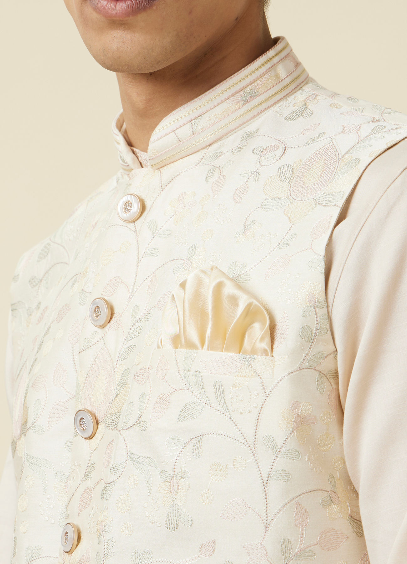 Manyavar Men Cannoli Cream Bel Buti Patterned Jacket