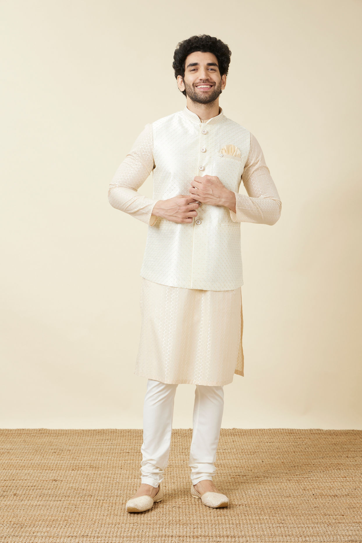 alt message - Manyavar Men Off White Diamond Self Embroidered Jacket image number 2