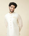 alt message - Manyavar Men Off White Diamond Self Embroidered Jacket image number 0