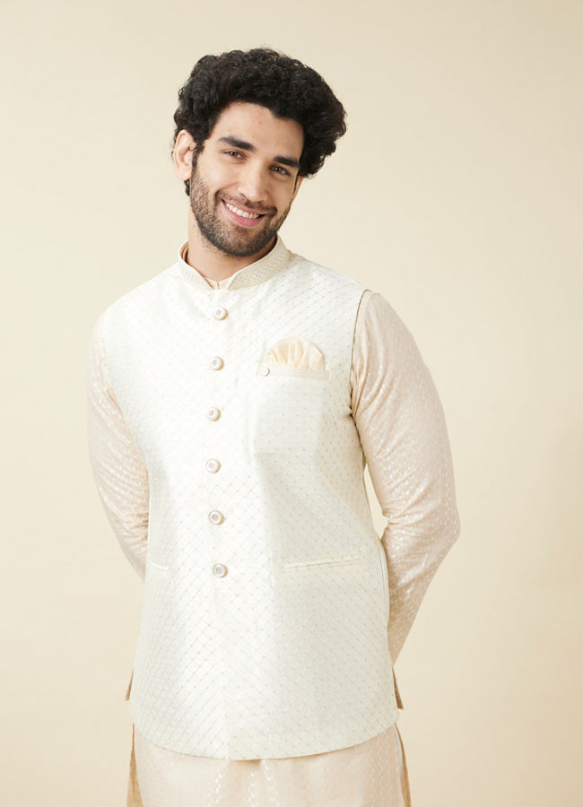 alt message - Manyavar Men Off White Diamond Self Embroidered Jacket image number 0