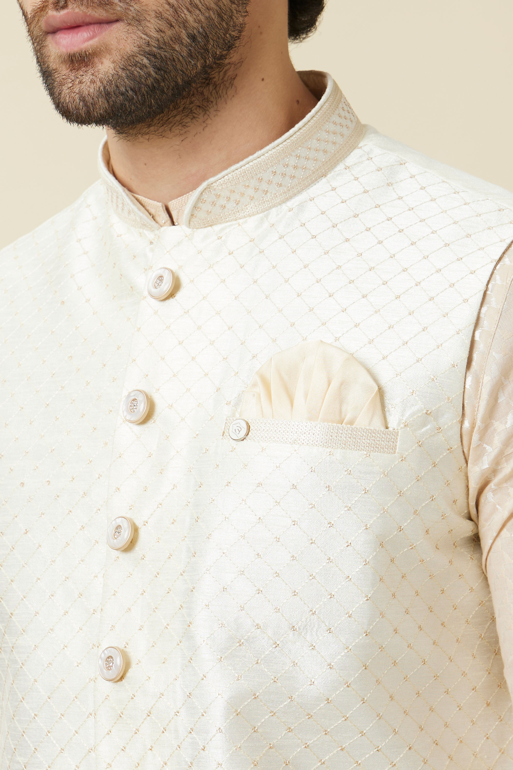 Manyavar Men Off White Diamond Self Embroidered Jacket