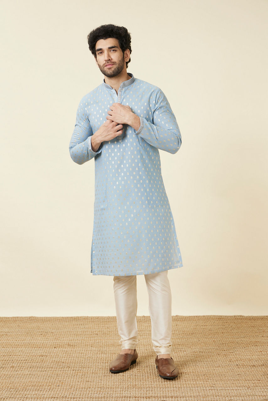 Manyavar Men Soft Chambray Grey Buta Patterned Kurta Set