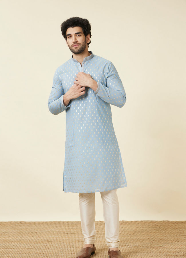 Manyavar Men Soft Chambray Grey Buta Patterned Kurta Set