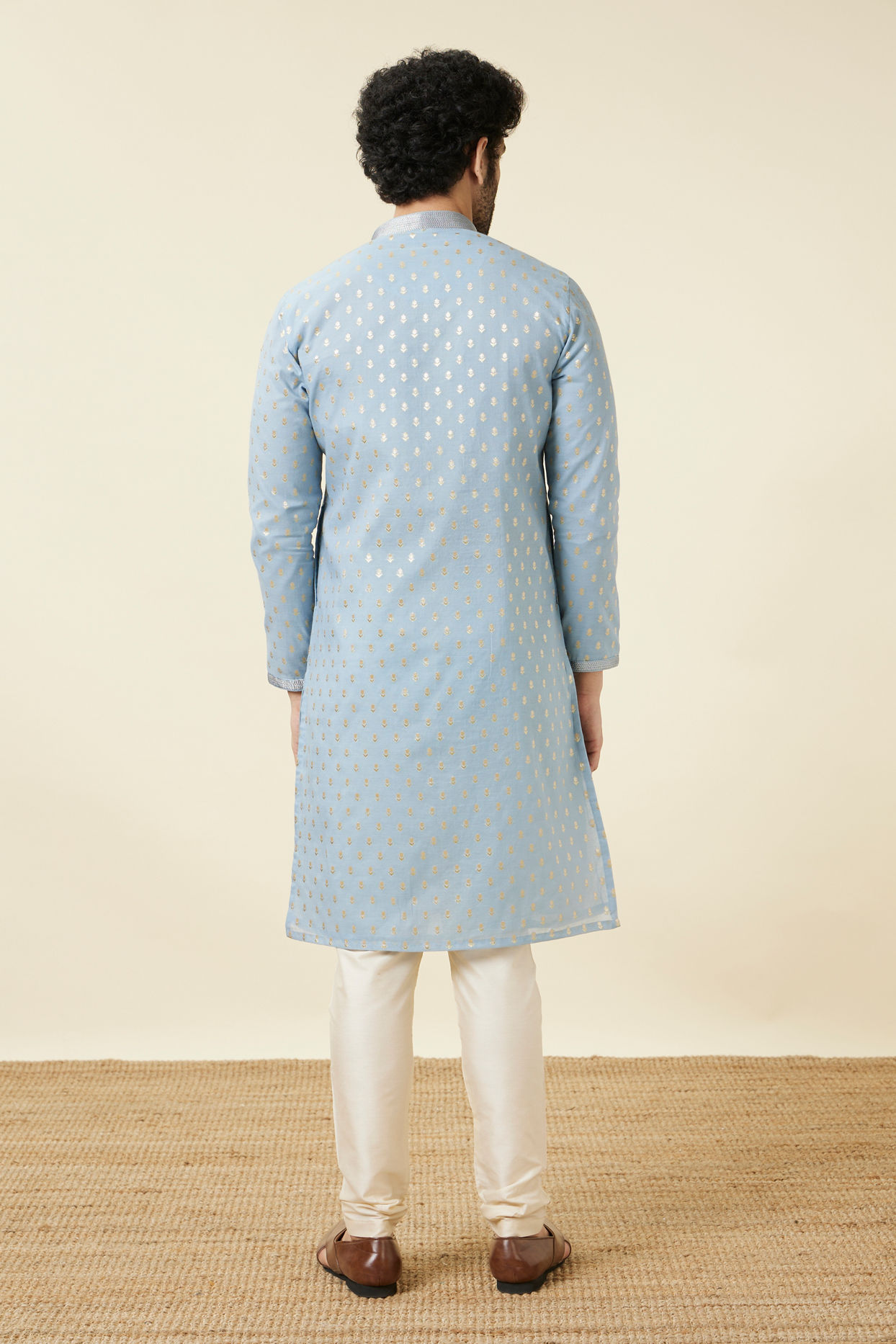 Manyavar Men Soft Chambray Grey Buta Patterned Kurta Set