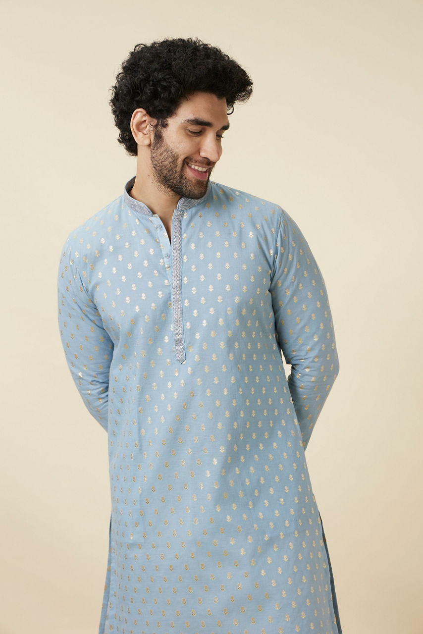 Manyavar Men Soft Chambray Grey Buta Patterned Kurta Set