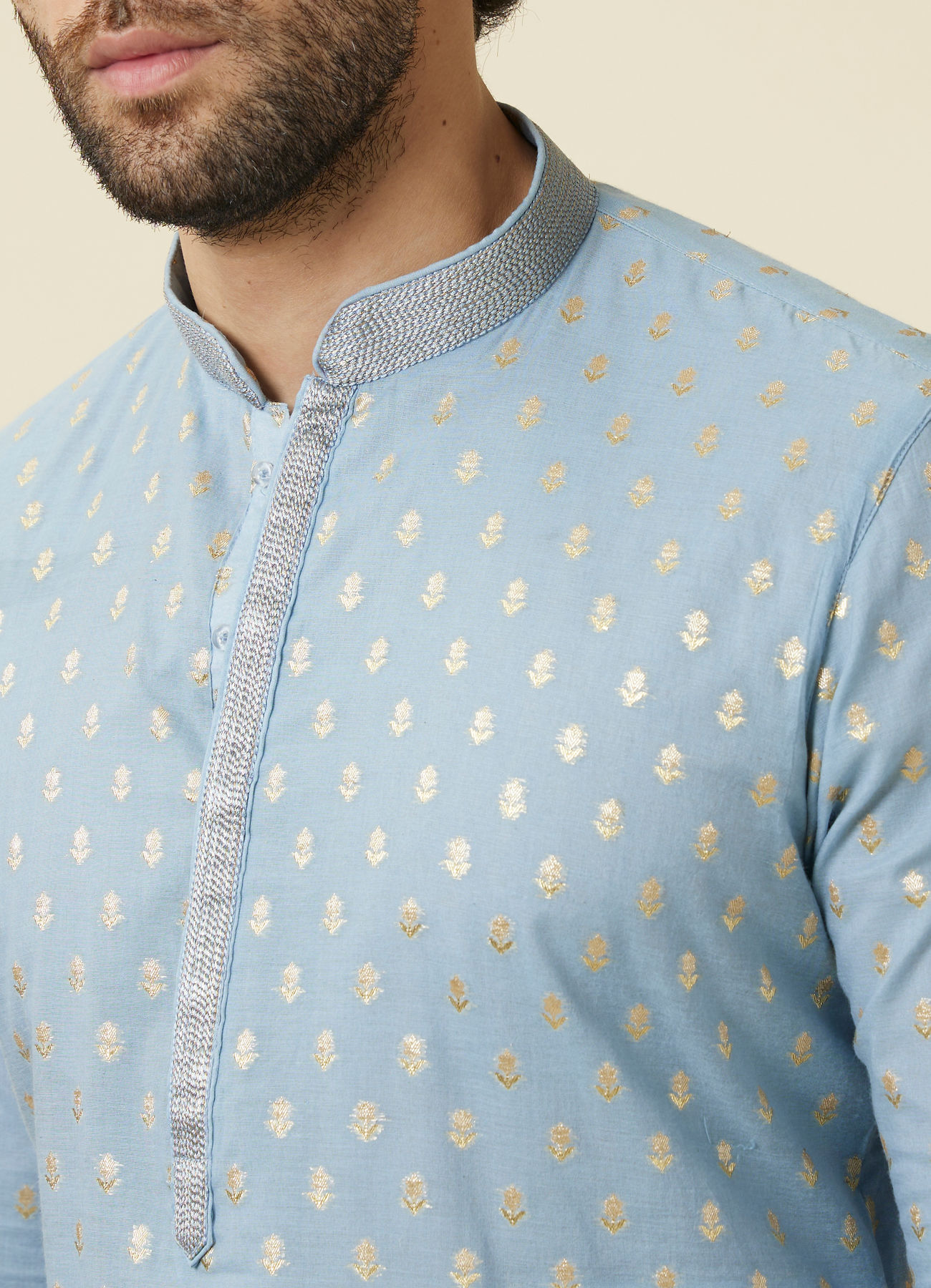 Manyavar Men Soft Chambray Grey Buta Patterned Kurta Set