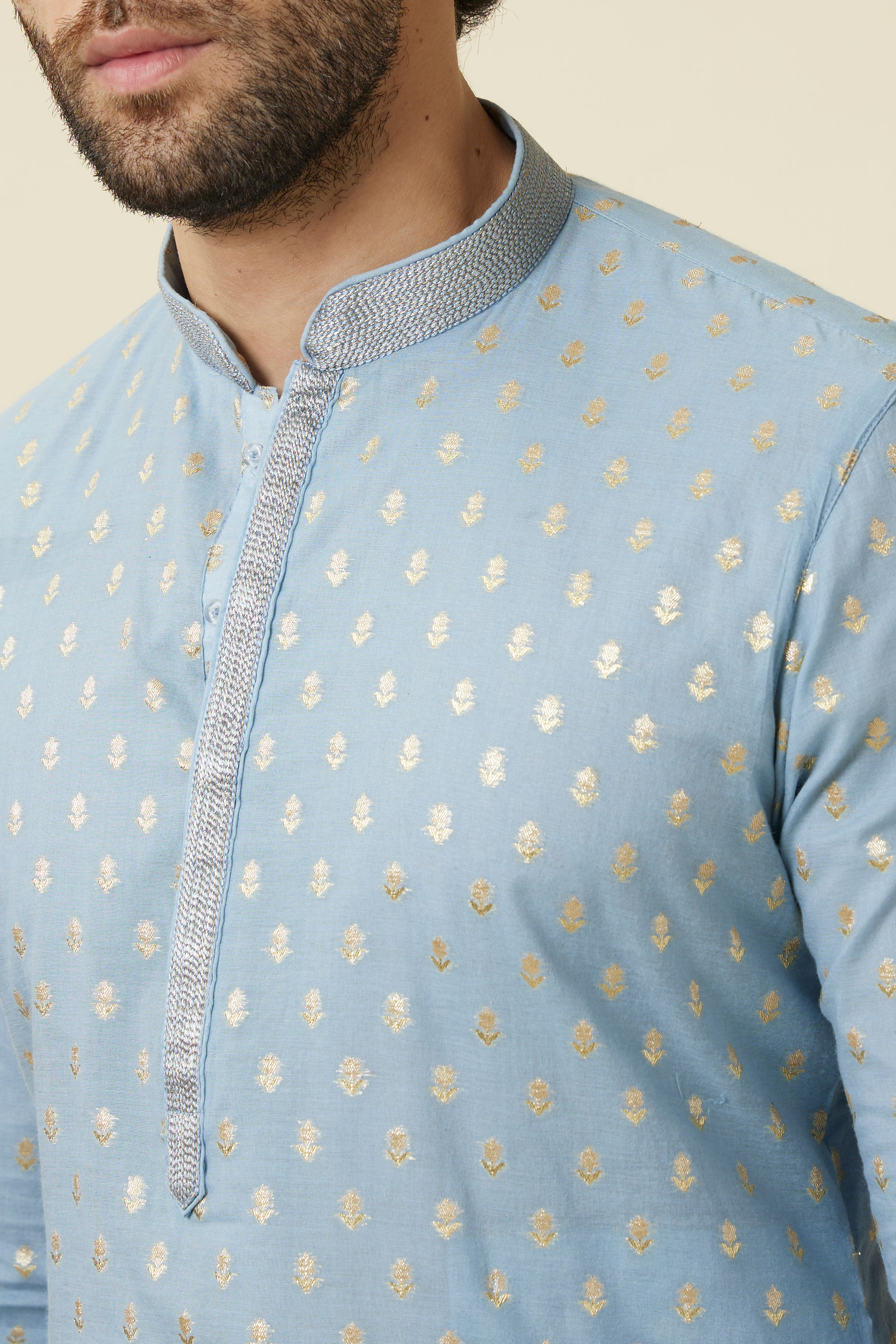 Manyavar Men Soft Chambray Grey Buta Patterned Kurta Set