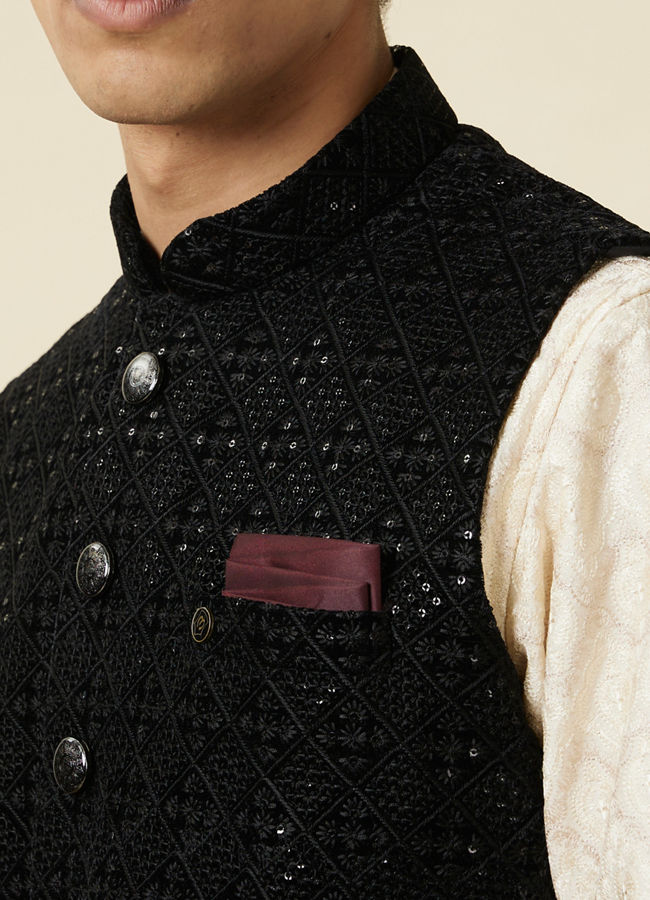 alt message - Manyavar Men Midnight Black Diamond Patterned Jacket image number 1