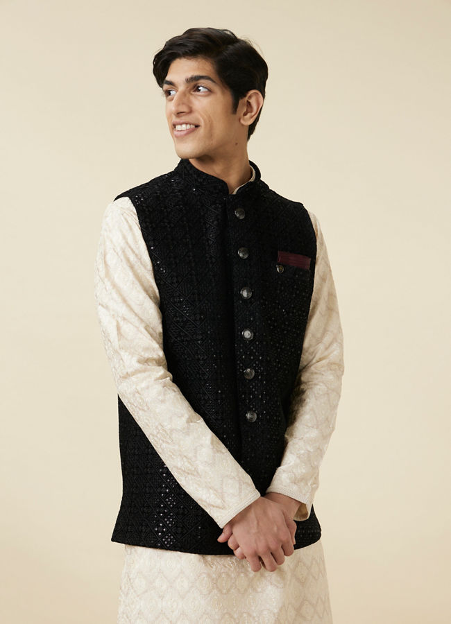 alt message - Manyavar Men Midnight Black Diamond Patterned Jacket image number 0