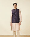 alt message - Manyavar Men Dark Sapphire Blue Bel Buti Patterned Waistcoat image number 2