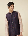 alt message - Manyavar Men Dark Sapphire Blue Bel Buti Patterned Waistcoat image number 0