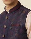 Manyavar Men Dark Sapphire Blue Bel Buti Patterned Waistcoat