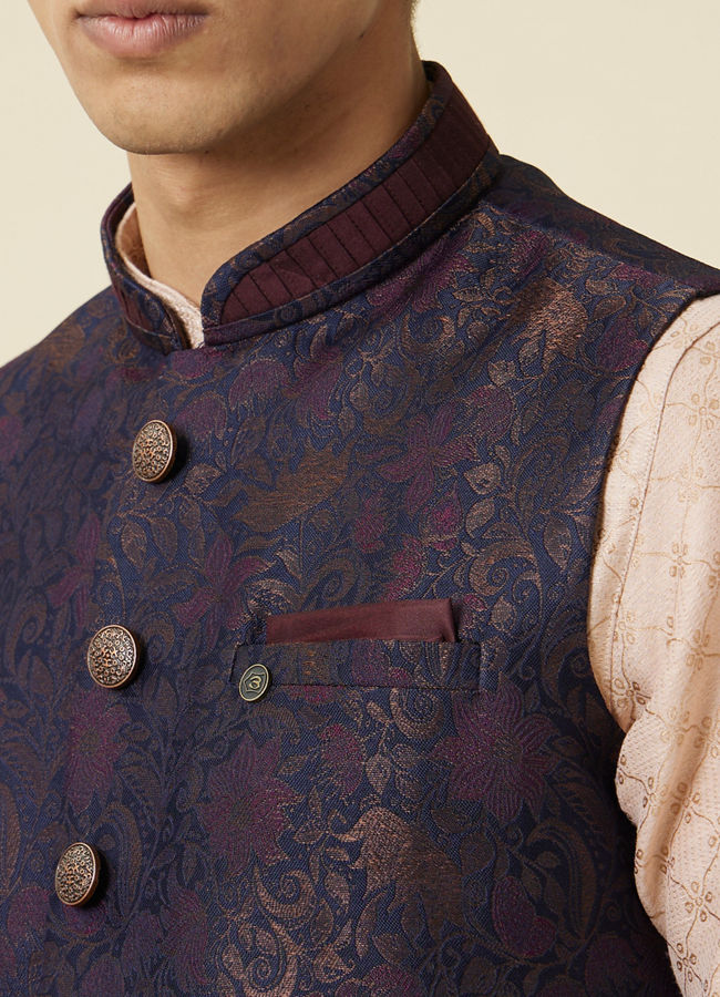 alt message - Manyavar Men Dark Sapphire Blue Bel Buti Patterned Waistcoat image number 1