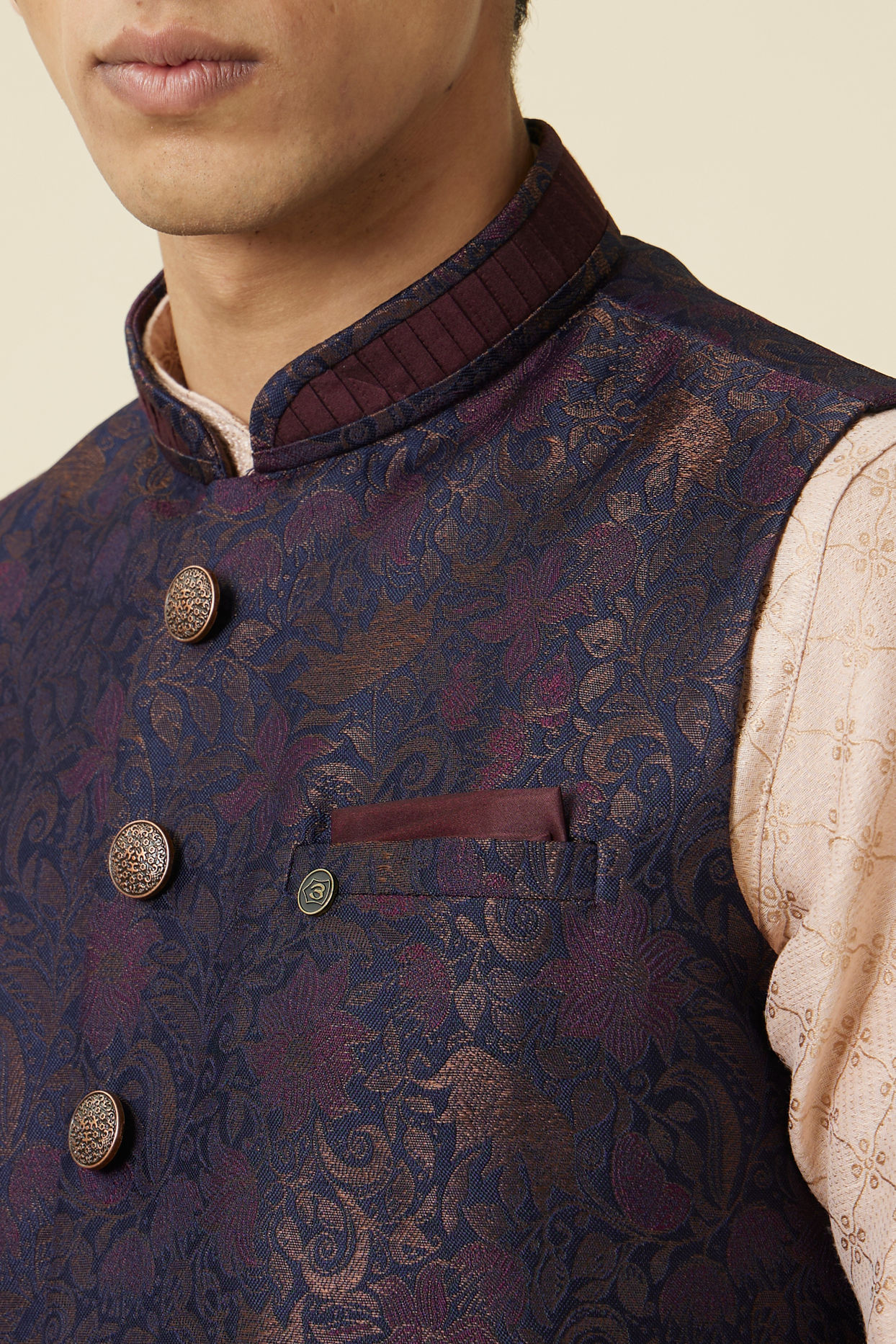 Manyavar Men Dark Sapphire Blue Bel Buti Patterned Waistcoat