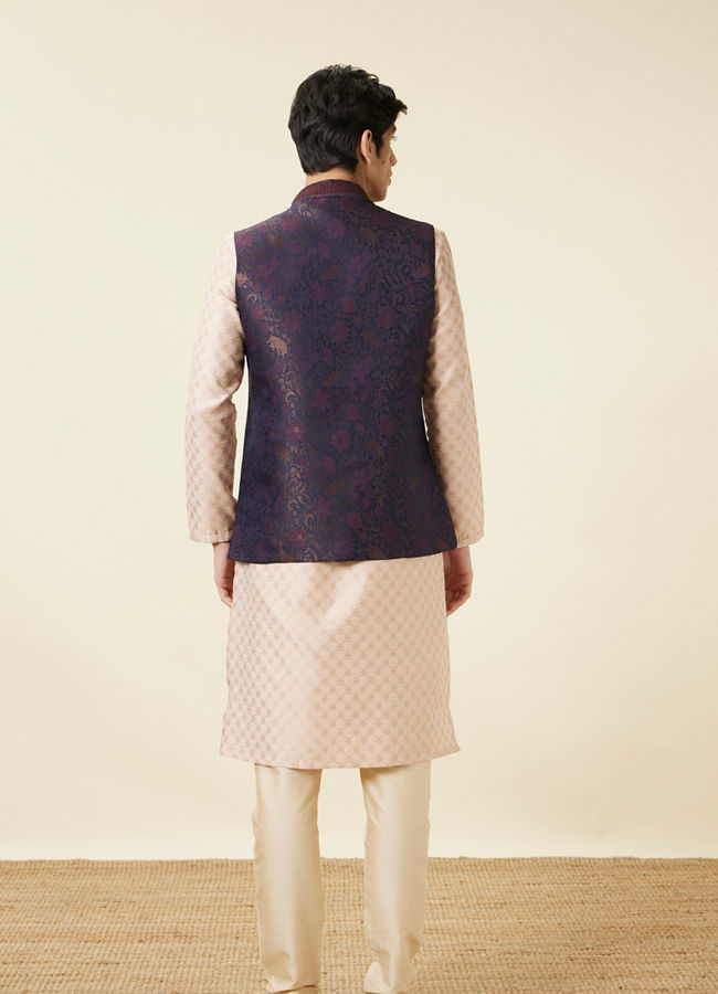 alt message - Manyavar Men Dark Sapphire Blue Bel Buti Patterned Waistcoat image number 3