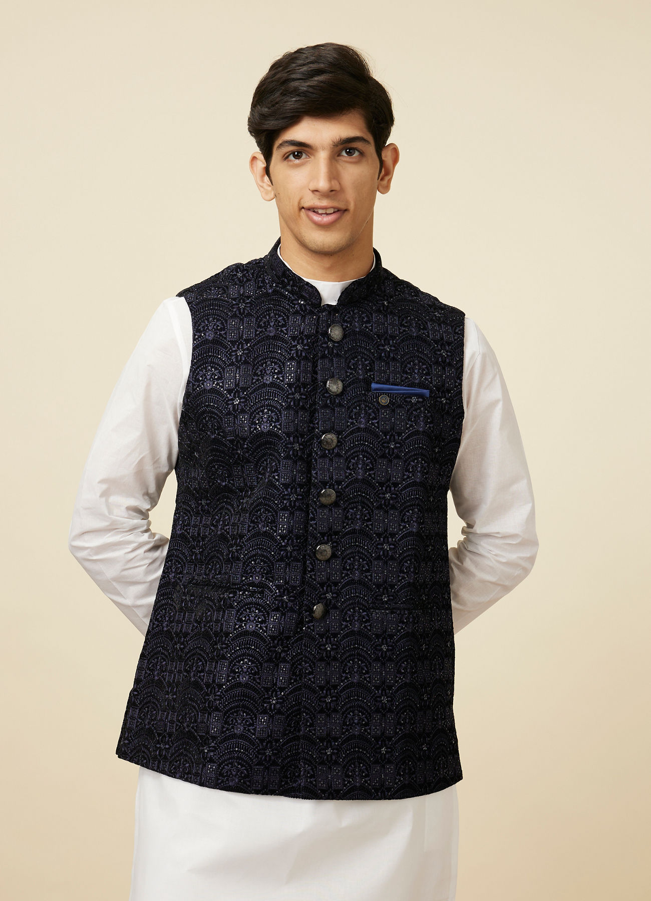 Manyavar Men Navy Blue Embroidered Sequinned Jacket