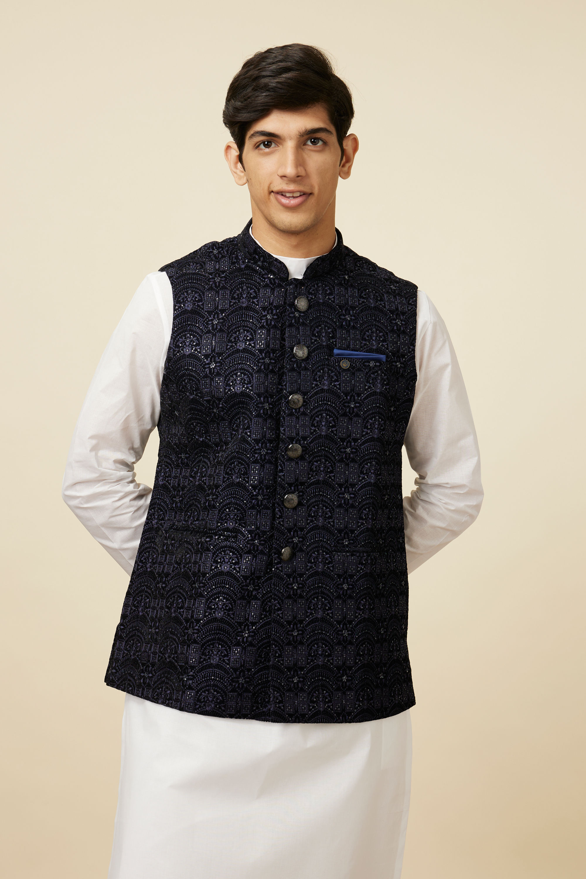 Manyavar Men Navy Blue Embroidered Sequinned Jacket