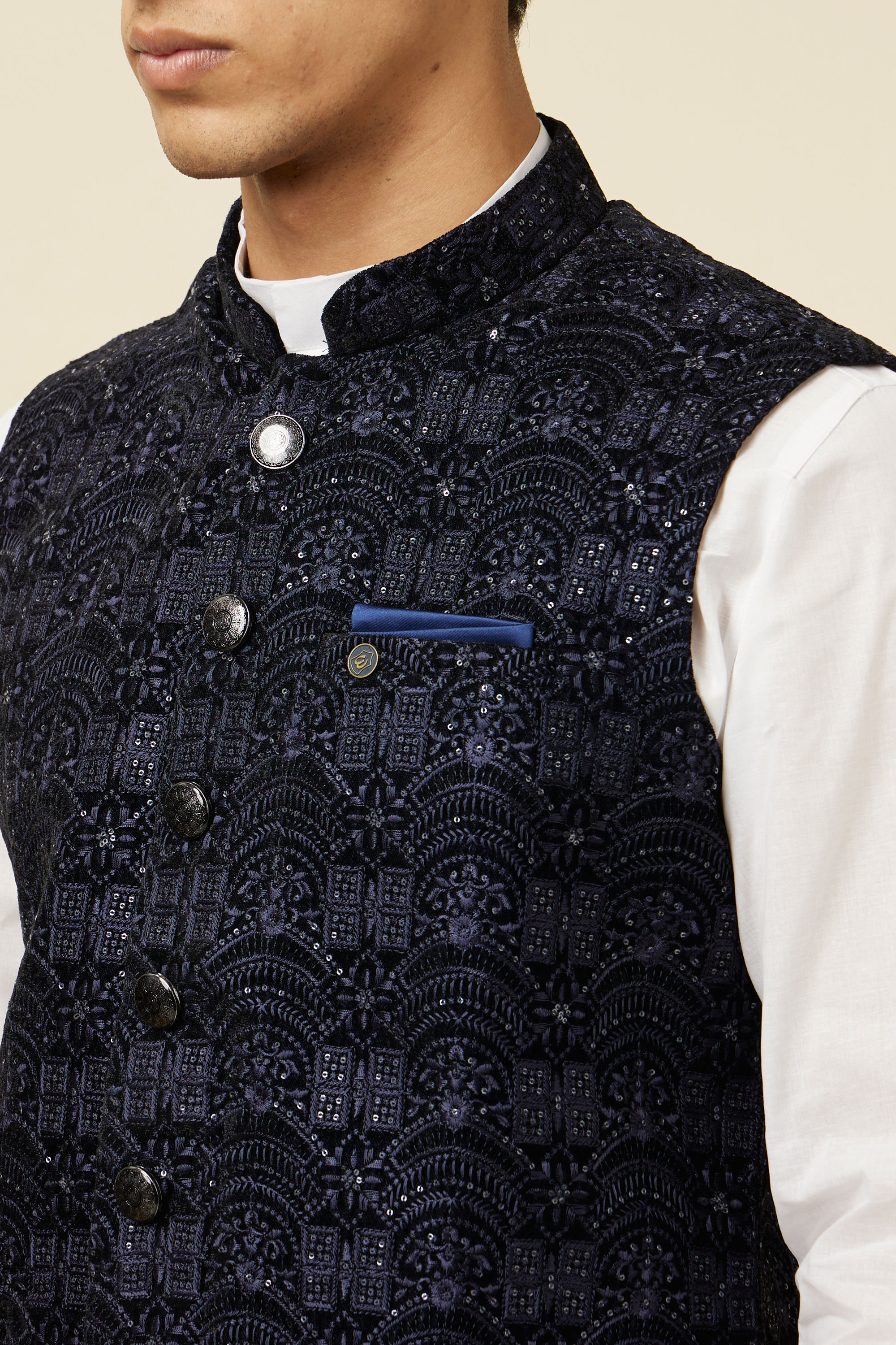 Manyavar Men Navy Blue Embroidered Sequinned Jacket