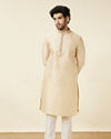 alt message - Manyavar Men Sand Beige Leaf Patterned Kurta Set image number 2