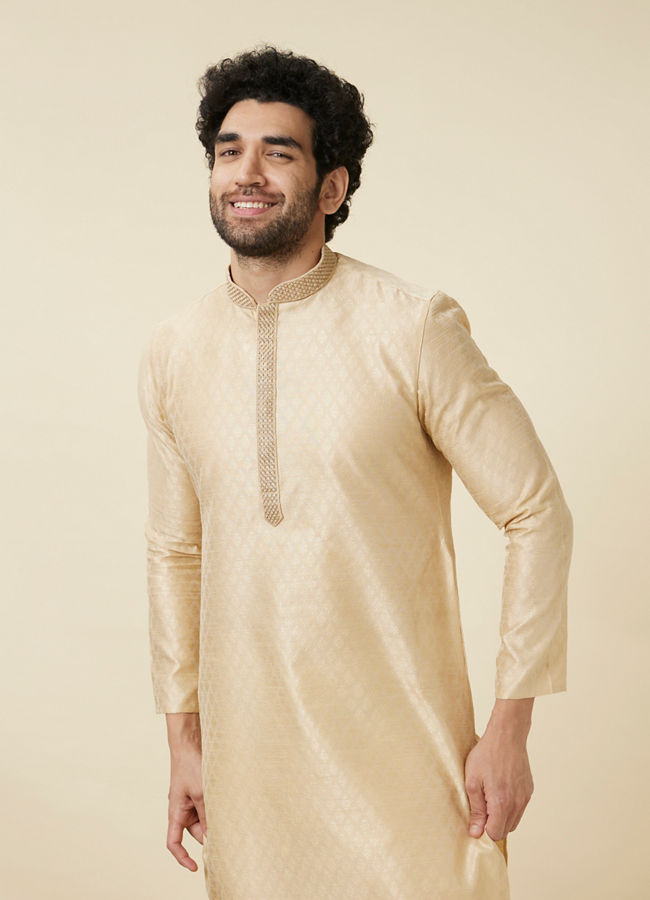 alt message - Manyavar Men Sand Beige Leaf Patterned Kurta Set image number 0