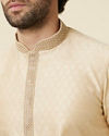 alt message - Manyavar Men Sand Beige Leaf Patterned Kurta Set image number 1