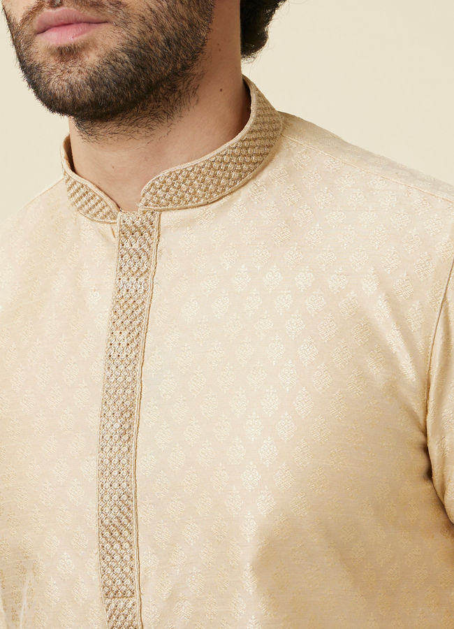 alt message - Manyavar Men Sand Beige Leaf Patterned Kurta Set image number 1