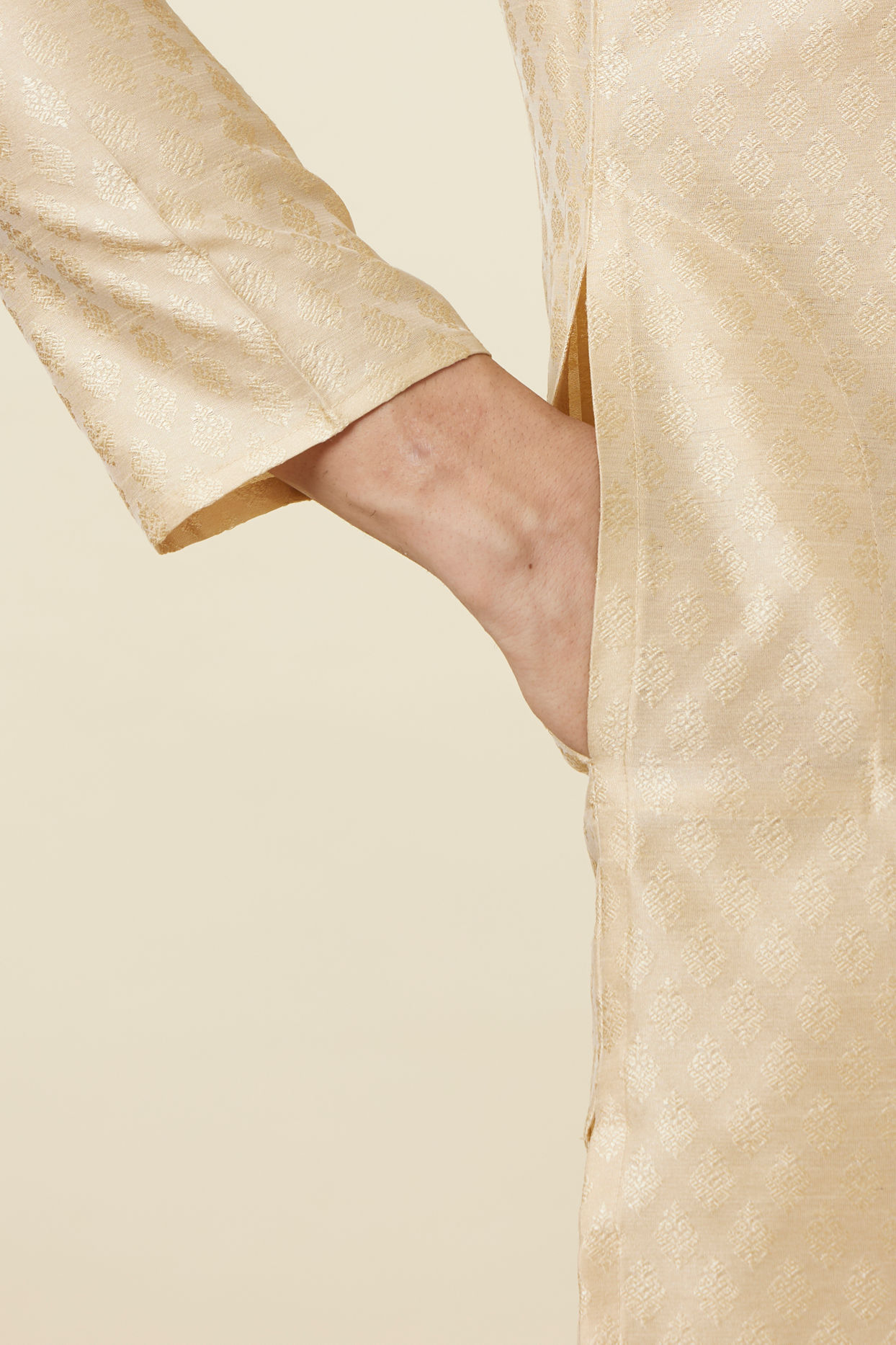 Manyavar Men Sand Beige Leaf Patterned Kurta Set