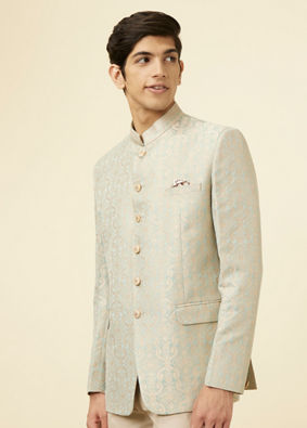 Manyavar Men Pistachio Green Ogee Patterned Suit image number 0