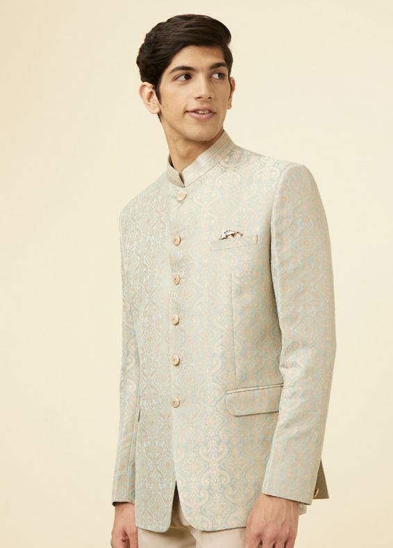 Manyavar Men Pistachio Green Ogee Patterned Suit